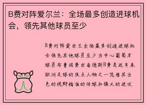 B费对阵爱尔兰：全场最多创造进球机会，领先其他球员至少