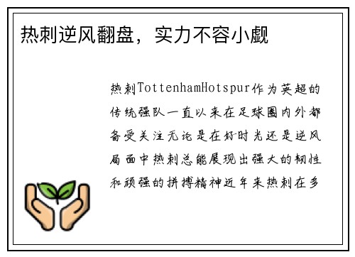 热刺逆风翻盘，实力不容小觑