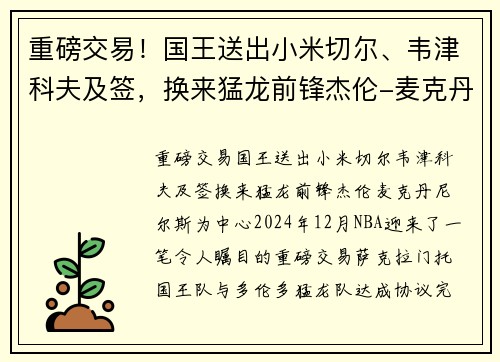 重磅交易！国王送出小米切尔、韦津科夫及签，换来猛龙前锋杰伦-麦克丹尼尔斯